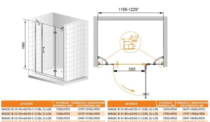 Душевая дверь - Cezares, Magic Royal Palace, 130x195 см, MAGIC-B-13-40+60/30-ROYAL PALACE-PP-Br-R / MAGIC-60/30-ROYAL PALACE-PP-Br-R