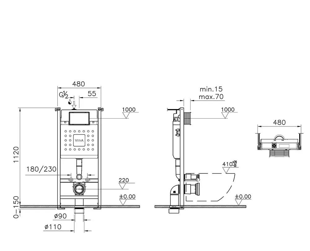 Vitra Zentrum Round, Унитаз подвесной с инсталляцией и кнопкой, 9879B003-7200