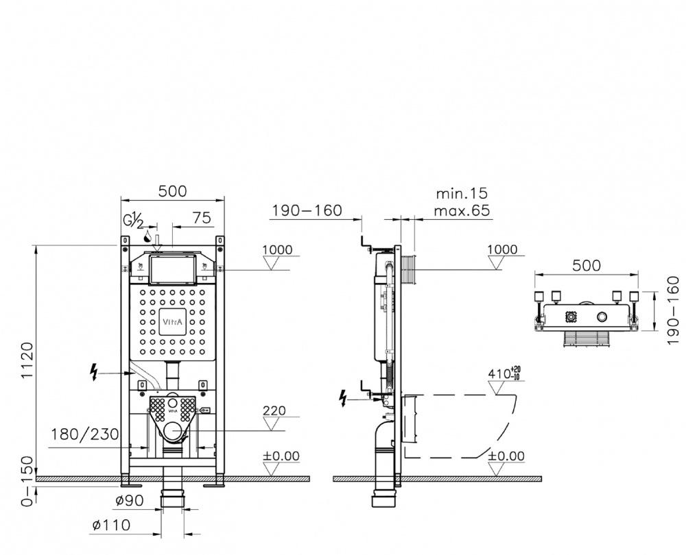 Vitra Integra Round, Унитаз подвесной с инсталляцией и кнопкой, 9856B003-7205