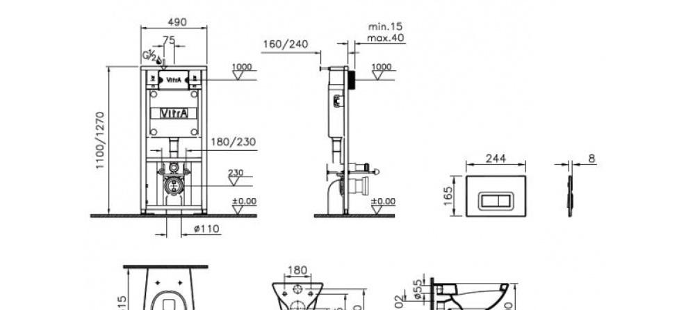 Vitra Arkitekt, Унитаз подвесной с инсталляцией и кнопкой, 9005B003-7211