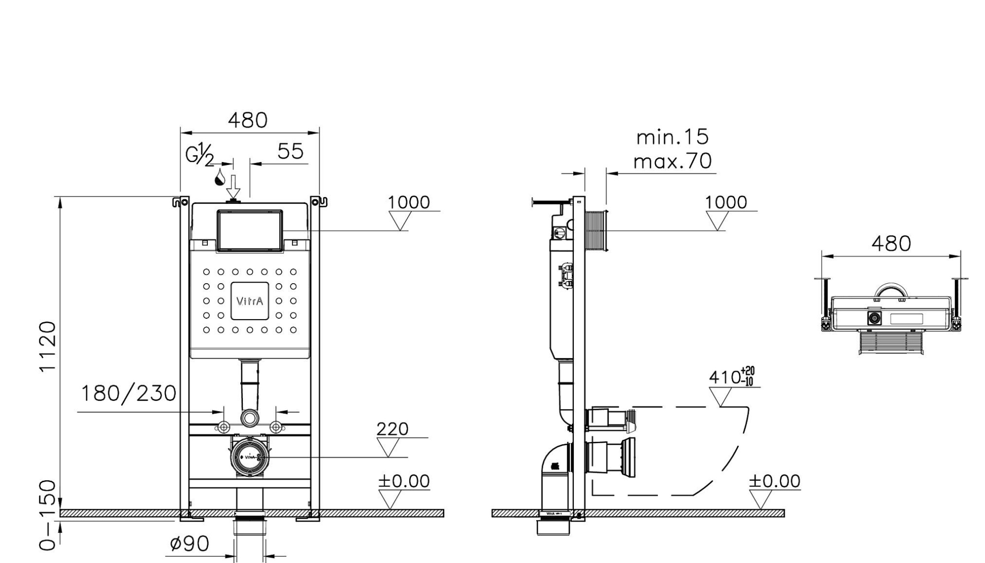 Vitra Mia Round, Унитаз подвесной с инсталляцией и кнопкой, 9873B003-7201