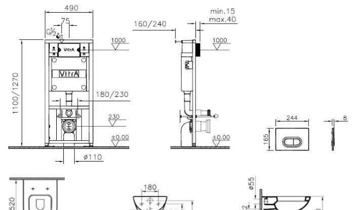 Vitra S20, Унитаз подвесной с инсталляцией и кнопкой, 9004B003-7204