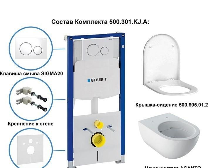 Geberit Acanto, Унитаз подвесной с инсталляцией и кнопкой, 500.301.KJ.A