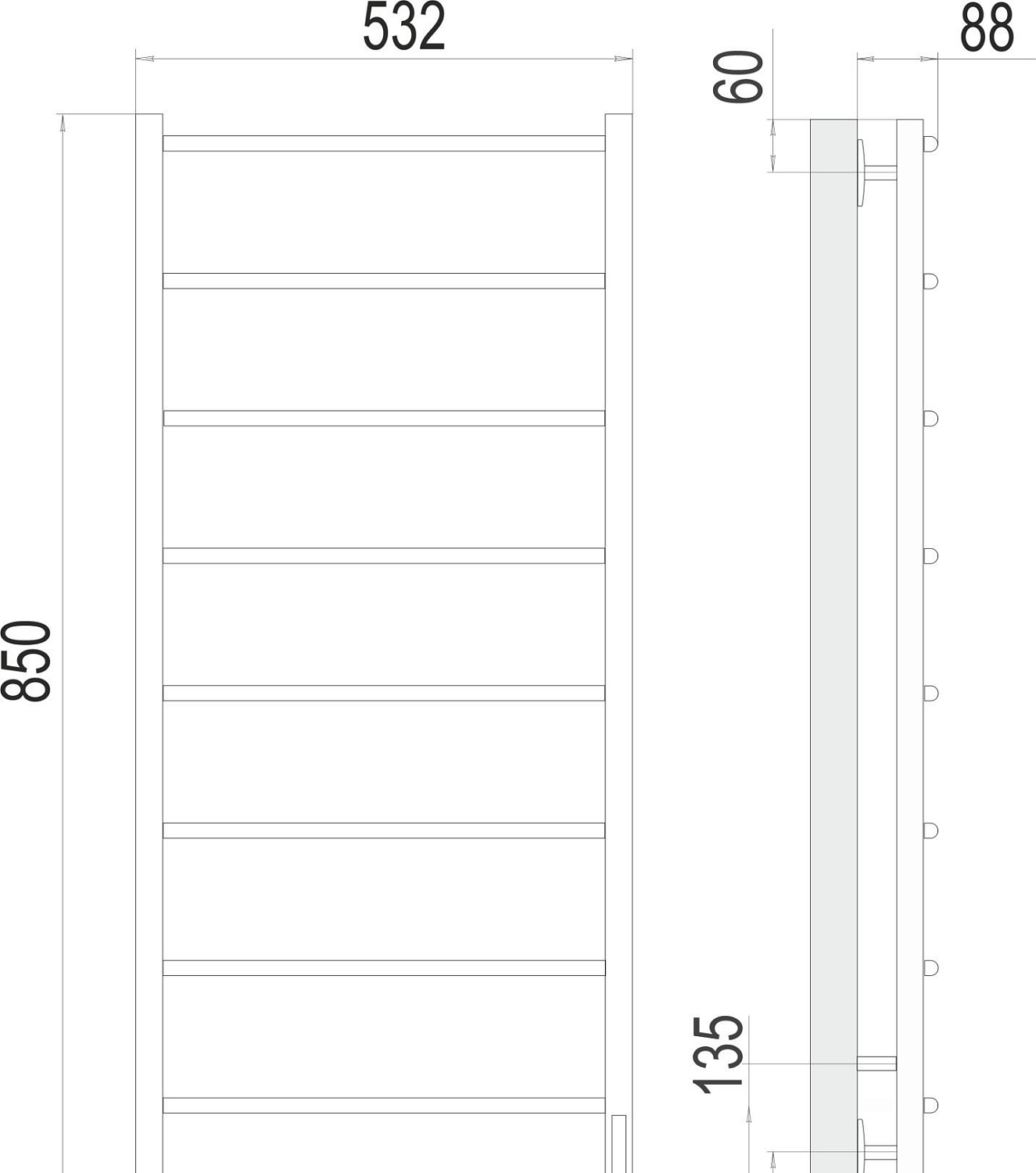 Полотенцесушитель электрический - Terminus, Классик, 8.8x53.2x85 см, 4670078531360